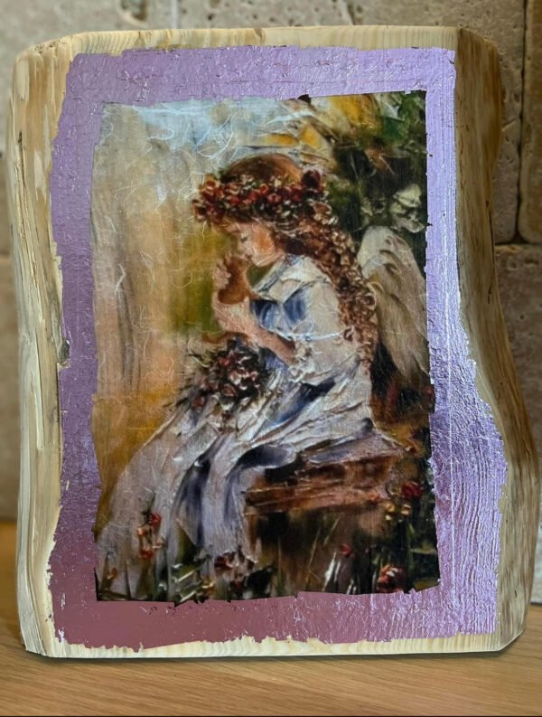 Angel Girl With Kitty Icon On Wood