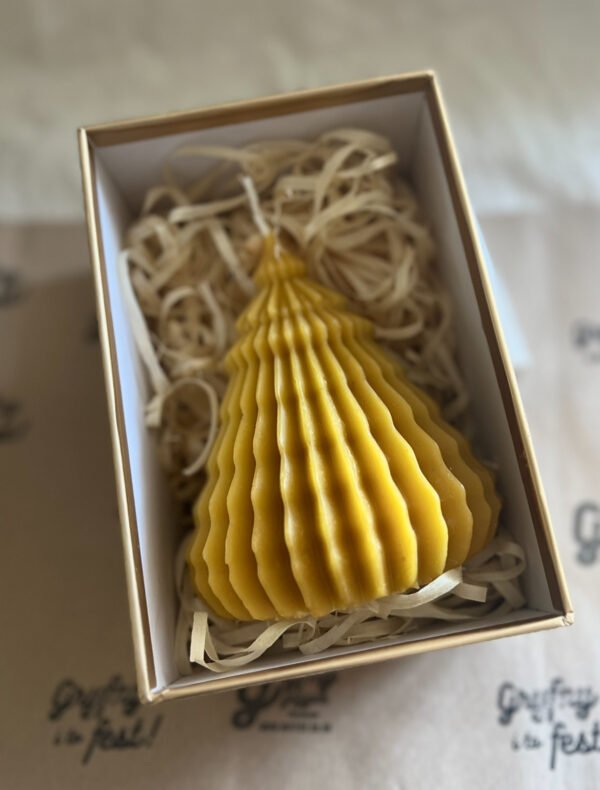 Large Ribbed Bees Wax Modern Christmas Tree Candle + Gift Box - Image 2