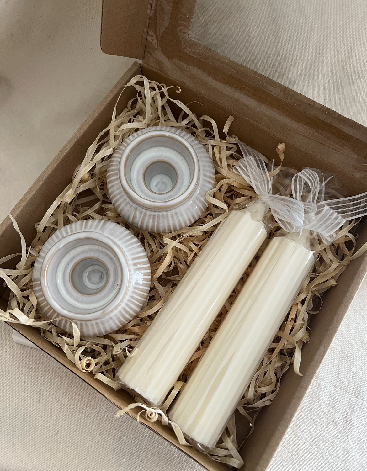 Ceramic Candle Holders & 2 Ribbed Soy Candle Gift Set (4 Piece)